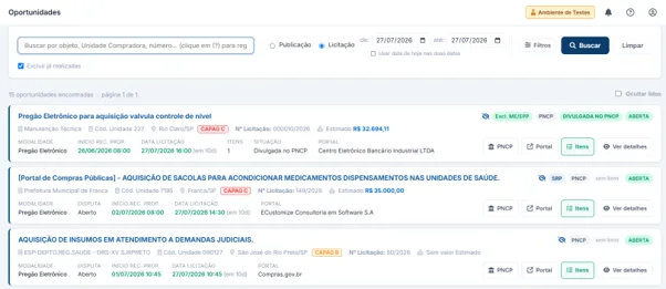 Tela de Oportunidades do Lictus