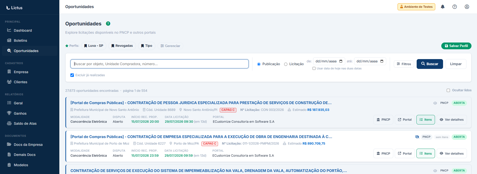 Tela de Oportunidades do Lictus